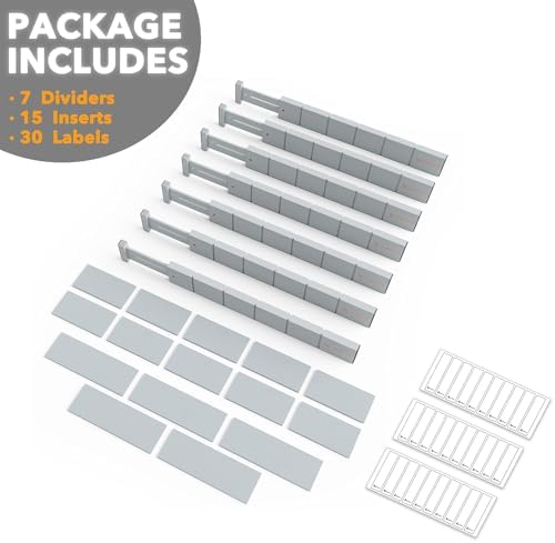 SpaceAid Bamboo Drawer Dividers with Inserts and Labels, Kitchen Adjustable Drawer Organizers, Expandable Organization for Home, Office, Dressers, 7 Dividers with 15 Inserts (17"-22" Gray)