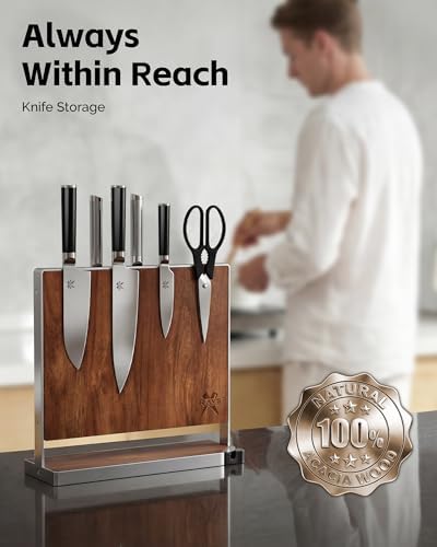 RAVS Magnetic Knife Holder for Countertop, Double-Sided Acacia Wood Magnetic Knife Block with Stainless Steel Frame, Freestanding Knife Storage Rack with Knife Sharpener, Magnetic Knife Holder Stand