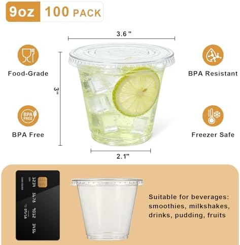 100 Sets 9 oz Clear Plastic Cups with No Hole Flat Lids