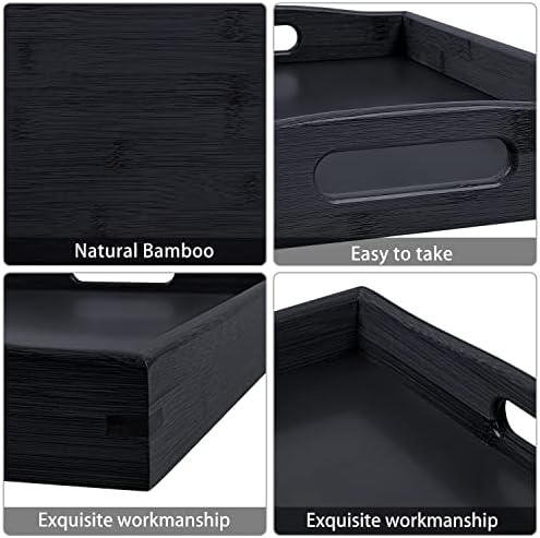 3 Pack Bamboo Serving Trays with Handles, Wooden Food Trays (Black
