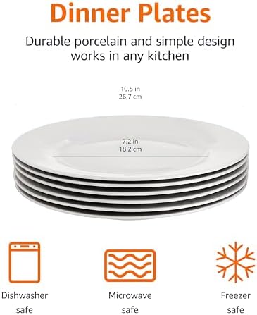 Amazon Basics 6-Piece White Dinner Plate Set, Microwave and Dishwasher Safe for Everyday Use, 10.5 inches