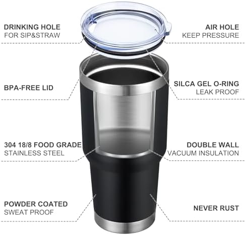 MEWAY 30oz Insulated Tumbler With Lids and Straws,Stainless Steel Double Vacuum Coffee Tumbler Cup, Brush, Durable Powder Coated Coffee Cup for Cold & Hot Drinks, Office, Travel(Black,12 PACK)