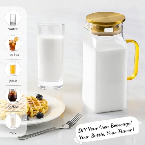 40 oz,1.2Liter Square Glass Pitcher with Lid and Spout, Water Pitchers with Handle for Fridge, Borosilicate Glass Carafe for Hot/Cold Drink, Large Jug for Iced Tea, Coffee, Beverage, Cold