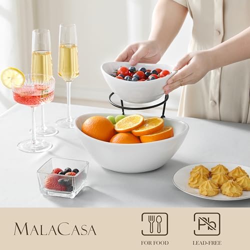 MALACASA 2 Tier Chip and Dip Serving Set with Metal Stand,Ceramic Appetizer Bowls for Party, Multi-Use Food Display for Fruits, Snacks,White Elegant Tiered Serving Dishes for Party