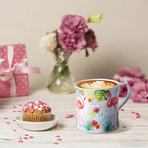 Flamingo Coffee Mug, Pink Flamingo & Tropical Plants Ceramic Mug, 12oz New Bone China Tea Mug, Birthday & Summer Gift for Women & Girls, Designed in England by Harvest Green Studio