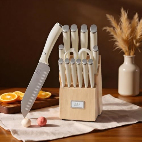 WANGMAZI 15-Pcs Knife Block Set, High Carbon Steel Ultra Sharp, Natural