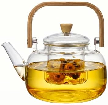1000ml (33.8oz) Borosilicate Glass Teapot with Wooden Handle, Stovetop Safe Clear Tea Kettle with Removable Glass Infuser for Blooming Tea & Loose Leaf Tea