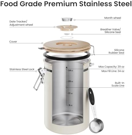 Veken Coffee Canister,39OZ, 2.2lbs,Large Airtight Stainless Steel Container Kitchen Food Storage Jars for Beans,Ground, Espresso, Rice,Tea, Sugar, Cereal, Gifts, Date Tracker, Scoop, Cream (Pack of 2)