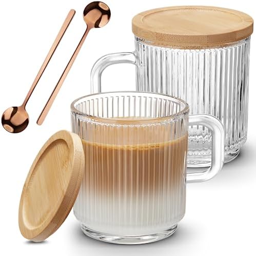 Mfacoy 2 PACK Glass Coffee Mugs with Handle & Spoon, 12 OZ Glass Coffee Cups with Bamboo Lid, Ribbed Glass Cups, Clear Tea Cup for Hot/Cold Beverages, Glassware Set for Americano, Latte, Cappuccino