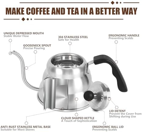 Tea Kettle For Stovetop,Steel Coffee Pot,Drip Pour Over Kettle,Silver,28 oz