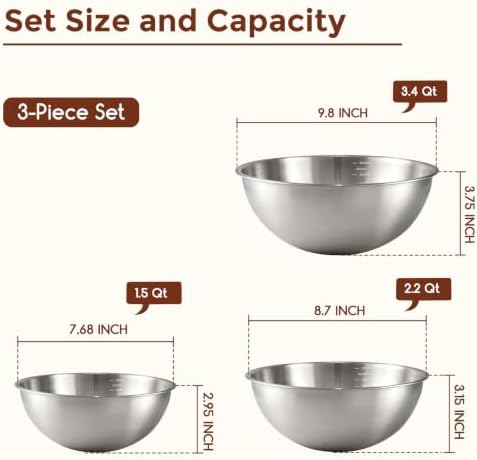Gronivex Stainless Steel Mixing Bowls Set, 3-Piece (1.5, 2.2 & 3.4 Qt)