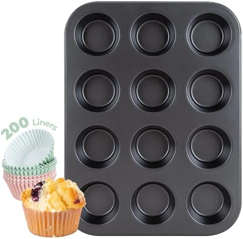 CARTMAN 12-Cup Muffin Pan & 200 Liners, Nonstick Carbon Steel Cupcake Tin