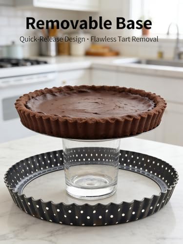 9 Inch Perforated Quiche Pan for Crispy Crust w/Cake Server. Removable Bottom, Non-Stick Coating, Rugged Carbon Steel Dish for Tart Quiche Pie Baking. Gift for Christmas Thanksgiving Party