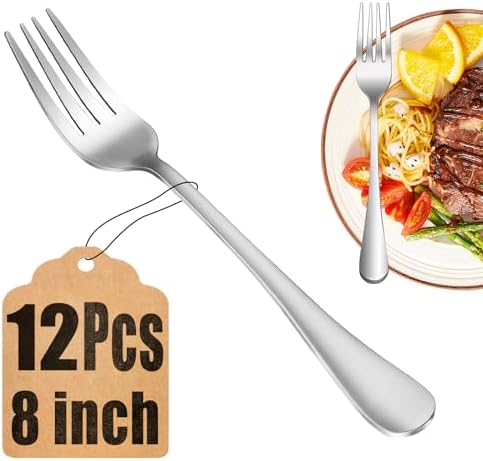 12 Piece Dinner Forks Set, Food-Grade Stainless Steel Silverware Forks, Cutlery Fork, Metal Fork for Home, Kitchen or Restaurant, Mirror Polished, Dishwasher Safe - 8 Inch