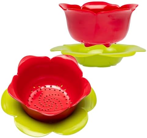 bzyoo 4 PC Drain & Serve Berry Rose Shape Bowl Set Colander w/Saucer Plate