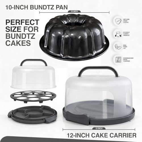 10in Buntz Cake Pan Non Stick & 12in Cake Carrier with Lid-Handle, Gray