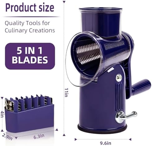 Rotary Cheese Grater with Handle, 5 Replaceable Blades(Purple)