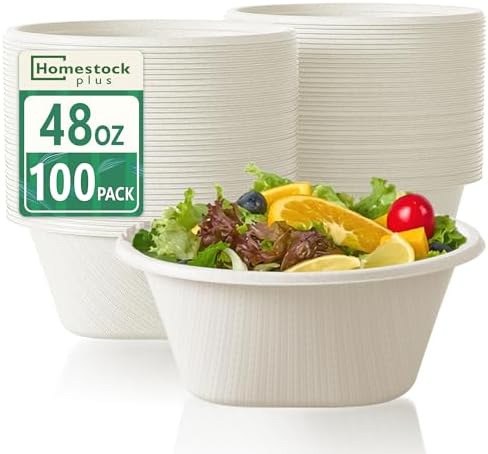 Homestockplus Large Disposable Bowls 48 Oz Heavy Duty Compostable Paper Bowls [100 Pack], Extra Large Catering Bowls for Restaurants, Salad, Buffet, Eco-Friendly Microwave Safe (White)