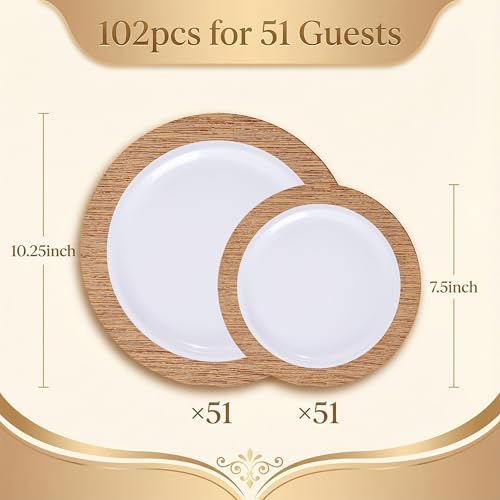 I00000 102 Pcs Wood Grain Brown Plastic Plates, Premium Disposable Plates