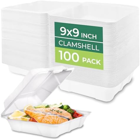 Freshware Clamshell Food Containers with Lids [9x9" 100-Pack] Disposable To Go Containers, Biodegradable Sugarcane To Go Boxes - Paper Food Container - Microwave & Freezer Safe, Stackable