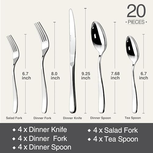 18/10 Silverware Set for 4, 20 Piece Stainless Steel Flatware Cutlery Set
