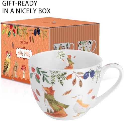 Autumn Forest Animal Mug - 20 oz Bone China Coffee Mug with Fox, Squirrel & Duck, Cozy Fall Gift for Nature Lovers and Friends, Designed in England by Harvest Green Studio