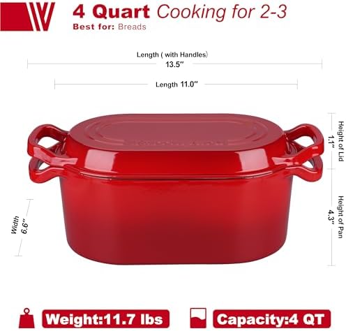 VORRINGARD Oval Dutch Oven Pot with Lid, Enamel Coating Cast Iron Bread Pans for Homemade Sourdough Bread Baking, Cooking, 4 Quart, Red