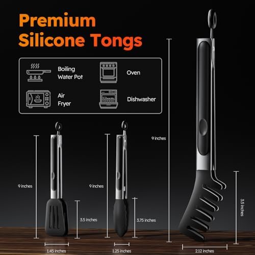 HST Tongs for Cooking with Silicone Tips 3 Pack, Kitchen Tongs (9", Black)