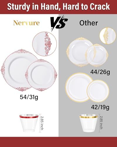 Nervure 350Pcs Red Plastic Plates, Plastic Dinnerware Set for 50 Guests