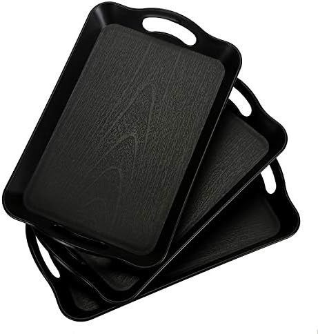 Cedilis 3 Pack Black Serving Trays with Handles,16 x 11IN Rectangular Non Skid Multi-Purpose Plastic OttomanTray for Restaurant, Parties, Coffee Table, Kitchen