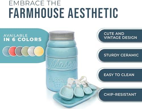 Comfify Aqua Blue Mason Jar Measuring Set – 4 Cups, 4 Spoons, Spoon Rest