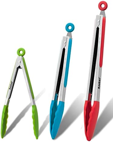 Anaeat Non-Stick Silicone Locking Tong Set of 3 - Stainless Steel 7", 9" and 12" Kitchen Food Tongs with Non-Slip Silicone Tips and Grip for Cooking, Baking and BBQ - Heat Resistant up to 480°F