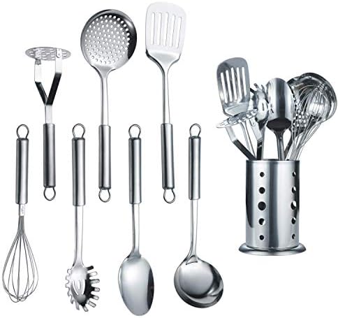 Berglander Cooking Utensil Set 8 Piece, Stainless Steel Kitchen Tool Set with Stand,Cooking Utensils, Slotted Tuner, Ladle, Skimmer, Serving Spoon, Pasta Server,Potato Maseher, Egg Whisk. （8 Pieces）