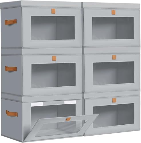 DIMJ Storage Bins with Lids - 6 Pack Fabric Closet Organizer with Window & Handles, Collapsible Decorative Storage Boxes for Shelves Under Bed, Books Clothes Blankets Sweaters Organization