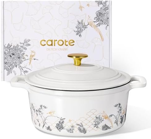 CAROTE Cast Iron Dutch Oven Pot with Lid, 5QT Enameled Floral Dutch Ovens with Gift Box, Cast Iron Pot for Sourdough Bread Baking, Braising, Stews, Roasting, All Stovetop Compatible, Oven Safe, White