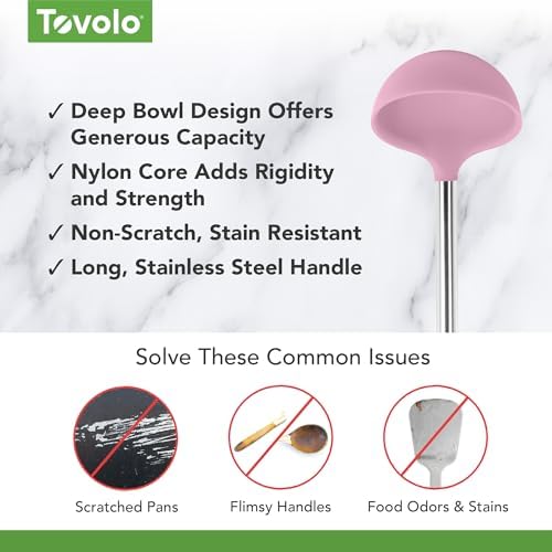Tovolo Silicone Ladle with Stainless Steel Handle Pink Sorbet Soup Ladle Large, Dishwasher Safe Heat Resistant BPA Silicone Ladle Deep Spoon with Reinforced Nylon Core for Soup, Stew, Sauce & Punch