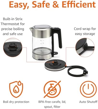 Amazon Basics Electric Kettle with Glass Carafe for Tea and Coffee, Fast Boiling, Auto Shut-Off, Boil-Dry Protection, Temperature Control, Removable Filter, 1 Liter, 1500W, BPA-Free