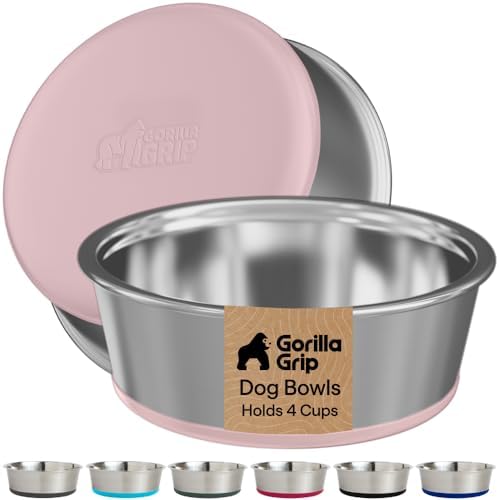 GORILLA GRIP Dog Bowls, Food Grade Stainless Steel, Set of 2, 4 Cup, Pink