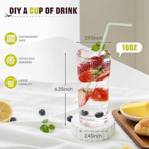 Highball Glasses Set of 6, 16oz Tall Drinking Glasses, Water Glass Cups Set