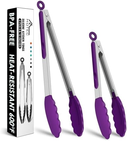 HOTEC Premium Stainless Steel Locking Kitchen Tongs with Silicon Tips, Set of 2-9" and 12" (Purple)