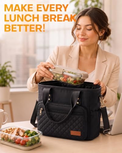 HOTOR Lunch Box Women Insulated Tote Bag Multiple Pockets Black