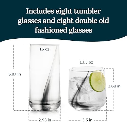Libbey Ascent Black Ribbon Tumbler and Rocks Drinking Glasses Set of 16, Glass Drinking Glasses with Curvature, Versatile Glassware Set for Daily Use