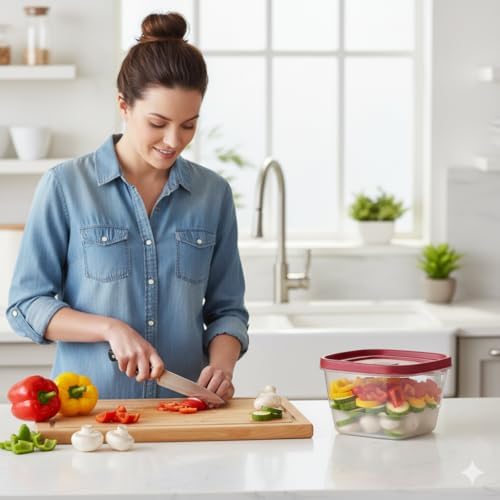 Tribello BPA-Free Plastic Food Storage Set, Red Vented Lids - Microwave, Dishwasher Safe: Perfect for Meal Prep, Leftovers, and Kitchen Organization (3 x 7-Cup)