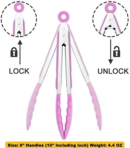 HINMAY Serving Tongs with Silicone Tips 9-Inch Food Tongs, Set of 3 (Pink)