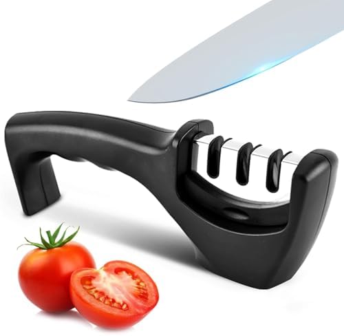 Elite Kitchen Knife Sharpener with 3 Stages, Professional Manual Blade Sharpening System, Ceramic Stone, Tungsten Carbide Plates, Diamond rods, Ergonomic Handle, Non-Slip Base,Stylish Black