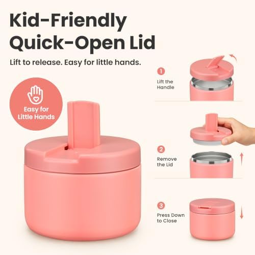 Pawtong 12oz Insulated Vacuum Food Jar with Buckle Lid Wide Mouth Soup Thermo for Hot Food Kids Leakproof Stainless Steel Lunch Container- Pink- 1Pack