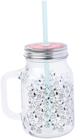 Silver Buffalo Peanuts Snoopy, Glass Mason Jar with Handle and Straw, 21oz