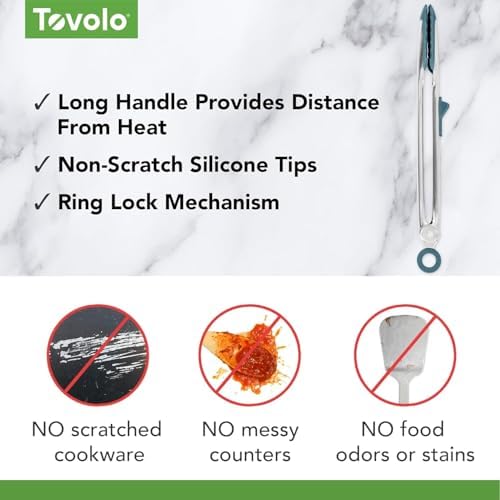 Tovolo Tongs With Silicone Tips Easy Grip 13" Long Kitchen Tongs Stainless Steel Handle For Cooking, Non Scratch Heat Resistant Locking Tongs Silicone Tipped Dishwasher Safe BPA Free, Blue Slate