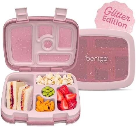 Bentgo Kids Bento-Style 5-Compartment Leak-Proof Lunch Box - Just-Right Portions Ages 3-7, Durable, Drop-Proof, Dishwasher Safe, PFAS & BPA-Free & Made with Food-Safe Materials (Petal Pink Glitter)