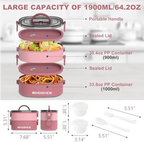 RIKDOKEN Lunch Box, Stackable 2 Layers Containers, Portable 64OZ Large Capacity Leakproof Bento Box with Spoon & Fork & Sauce Boxes, Microwave Safe Lunch Box for Kids and Adults